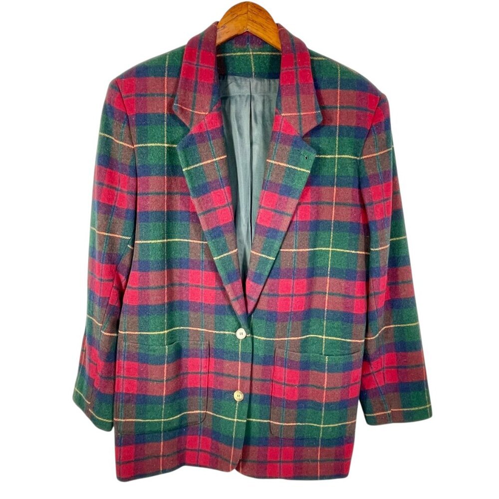 Talbots Plaid Wool Blazer Made USA Vintage Red Green Tartan Size M - Picture 2 of 10